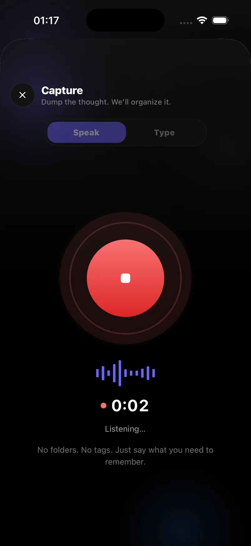 Recording a voice note with Speak and Type modes and a live waveform