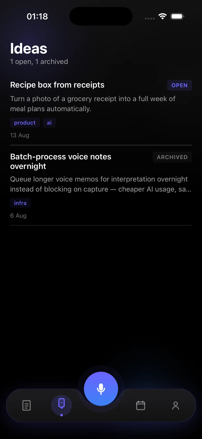 Ideas list with tags and archive status