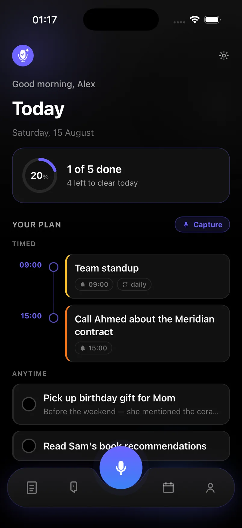 Today plan with timed tasks and reminders extracted from voice notes